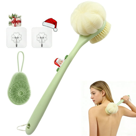 Amaopus 2 Pcs Back Scrubber for Shower, 15" Loofah with Handle, Back Shower Brush with Bristles and Loofah, Dry Brushing Body Brush for Cleanse Back and Hard to Reach Areas with Curved Long Handle