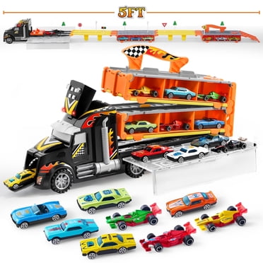 Alloy Toy Truck With 2 Cars - Pull-Back Transport Carrier With Light & Sound Effects