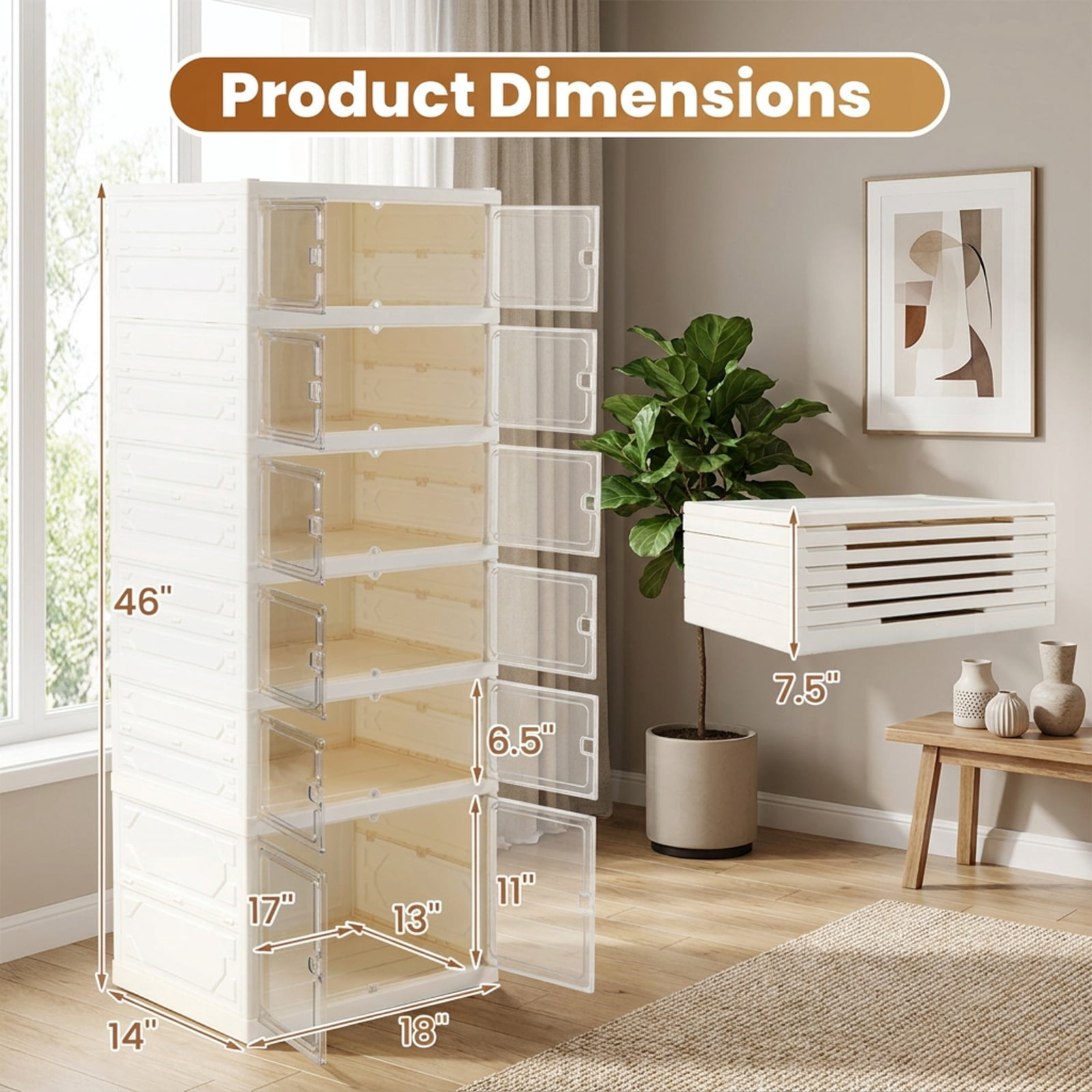 Furnibear Foldable Shoe Rack Organizer 12 Pair 6 Tier Collapsible Shoe Cabinet with See Through Doors for Closet and Entryway, White