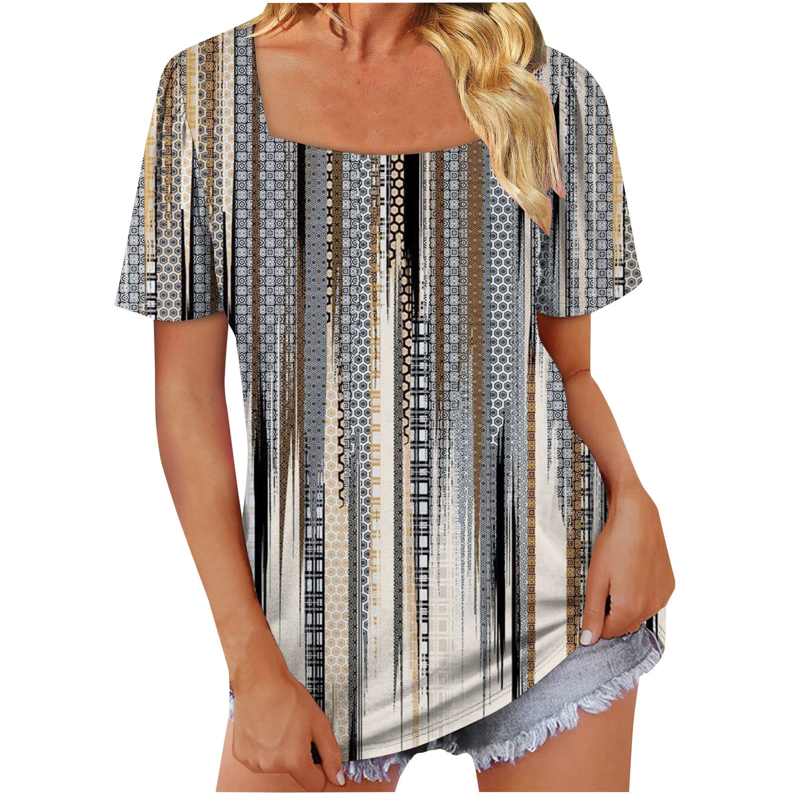 Bigersell Summer Tops Women Summer Print Regular Square Neck Short