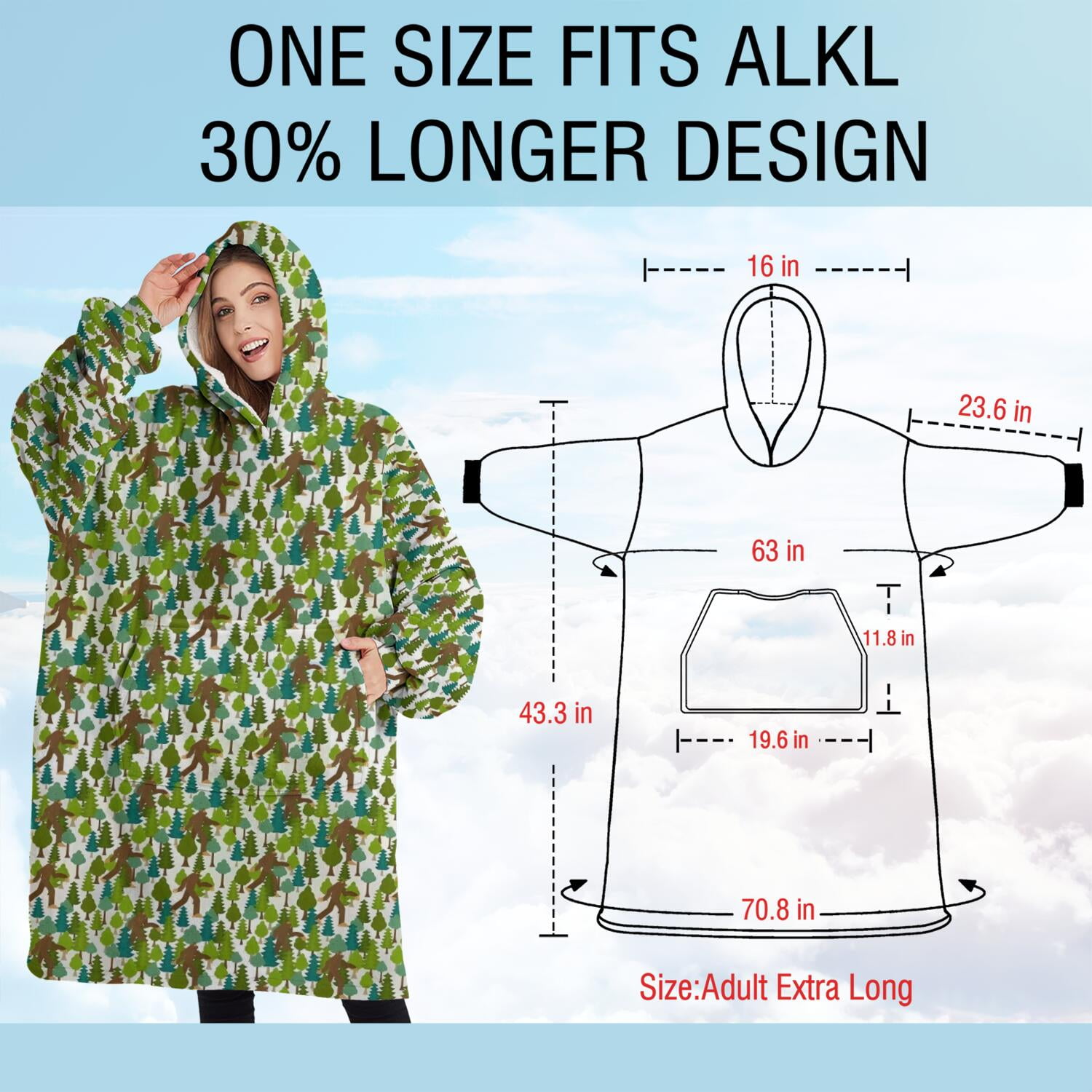 Oversized Wearable Blanket Hoodie,Green Bigfoot and Tree Pattern Sherpa Blanket Hoodie with Super Pockets,Super Warm Fuzzy Pullover for Women & Men