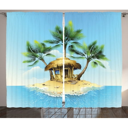 Tropical Decor Curtains 2 Panels Set, Tropical Wooden Bungalow And Three Palm Trees In A Small Island Cartoon Artwork, Living Room Bedroom Accessories, Gift Ideas, By