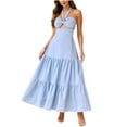 thumbnail image 2 of ITSAME Women's Off-Shoulder Maxi Dress, Backless Sexy Deep V-Neck Halter/Bowknot Summer Beach Flowy Long Dresses Blue M, 2 of 4