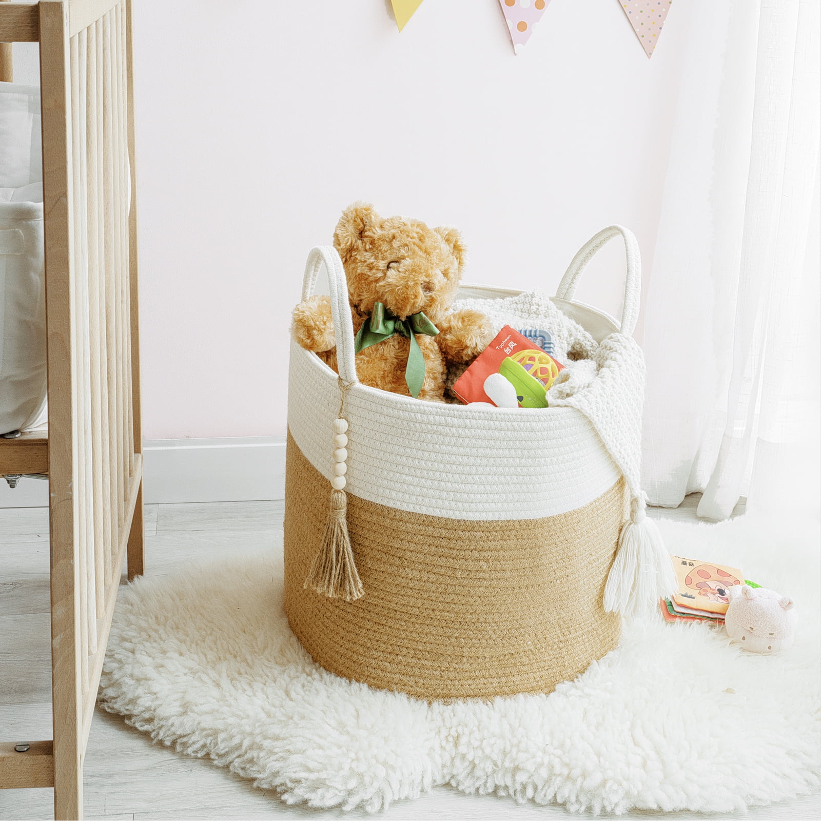 Mkono Woven Storage Basket with Decorative Bead Organizer Bin with Handles for Blankets Toys Clothes, 16"x 13.8"