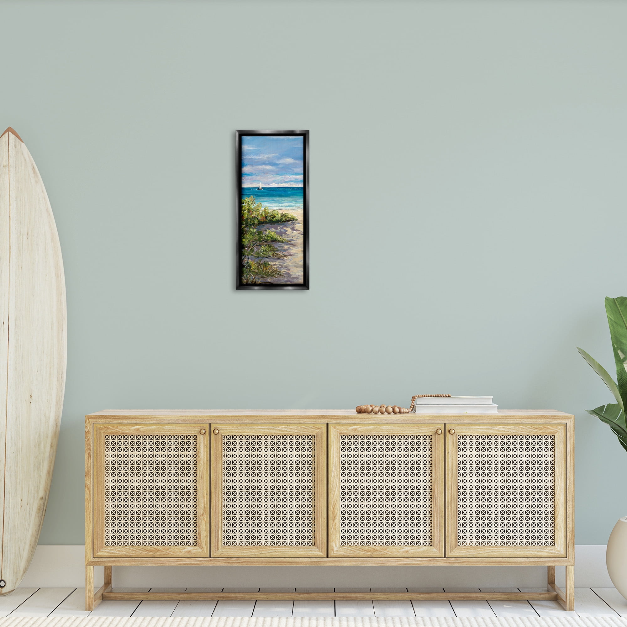 Stupell Industries Grassy Beach Shore Landscape Painting Black Floater Framed Canvas Art Print Wall Art, 11 x 25
