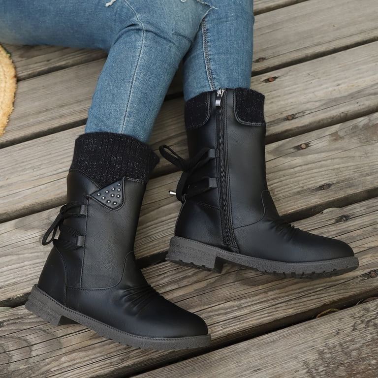 black mid calf dress boots Women's Chunky Heel Boots Buckle Strap Slouchy Leather Side Zipper Pointed Toe Comfortable Western Cowboy Boots The womens Daystar Lace-up Mid-length Boots In Ironed