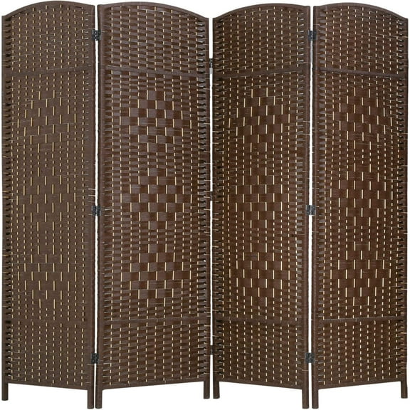 4 Panels Weave Fiber Arch Room Dividers 6ft Freestanding Hinged Partition Wood Screen with Hand-Woven Design Folding Portable Privacy Dividers Room Indoor for Home Office, Brown