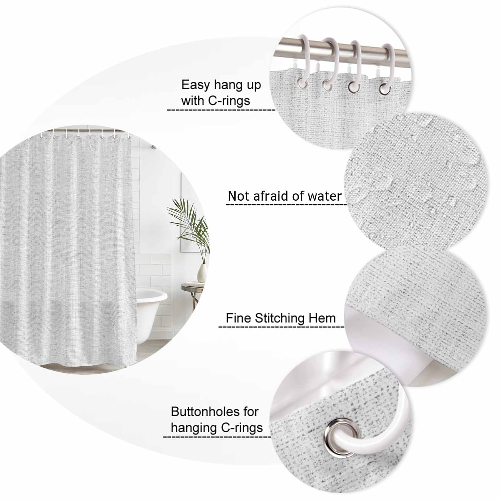 Shower Curtain Bathroom Set Farmhouse Light Gray Flax Waterproof Fabric Shower Curtains with Grommets&Hooks, Retro Linen Burlap Texture Privacy Bath Curtain for Bathtub 72x72in