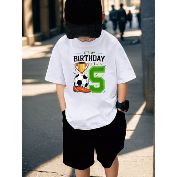 MAWOTEA Only T-shirt Soccer Trophy Ball and Number Birthday Print T Shirt Kids Casual Wear For Birthday Party Size5-12