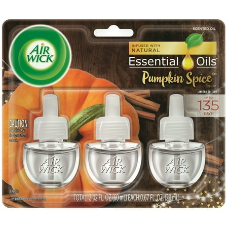 Air Wick plug in Scented Oil 3 Refills, Pumpkin Spice, (3x0.67oz), Air Freshener, Essential Oils, Fall Scent, Fall