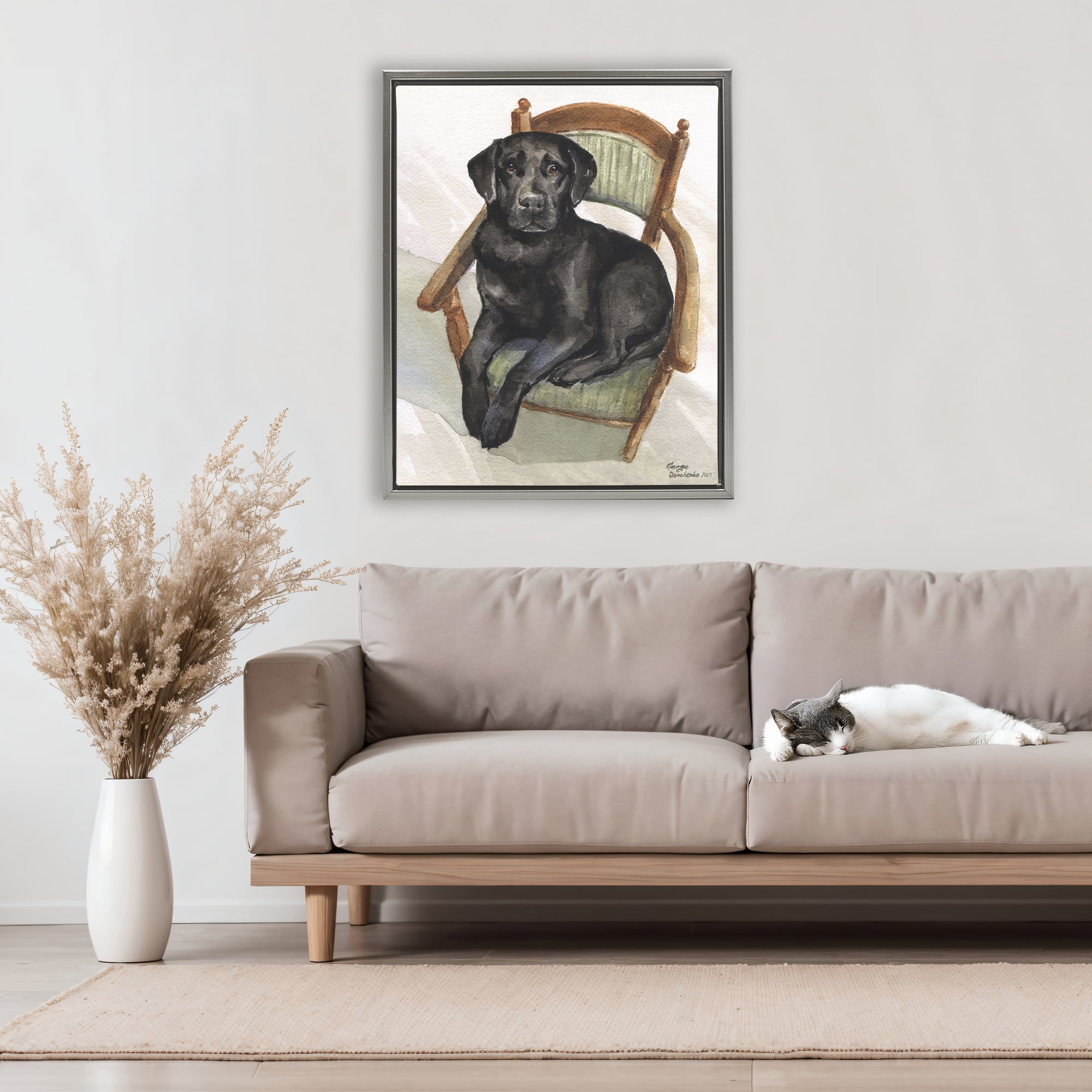 Stupell Industries Black Labrador On Chair Gray Framed Floater Canvas Wall Art, design by George Dyachenko