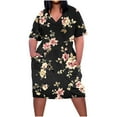 thumbnail image 2 of Jinhomg Womens Casual Summer Dresses Plus Size Comfy Short Sleeve V-Neck Midi Dress Elegant Floral Print Hide Belly Dresses with Pockets Black L, 2 of 5