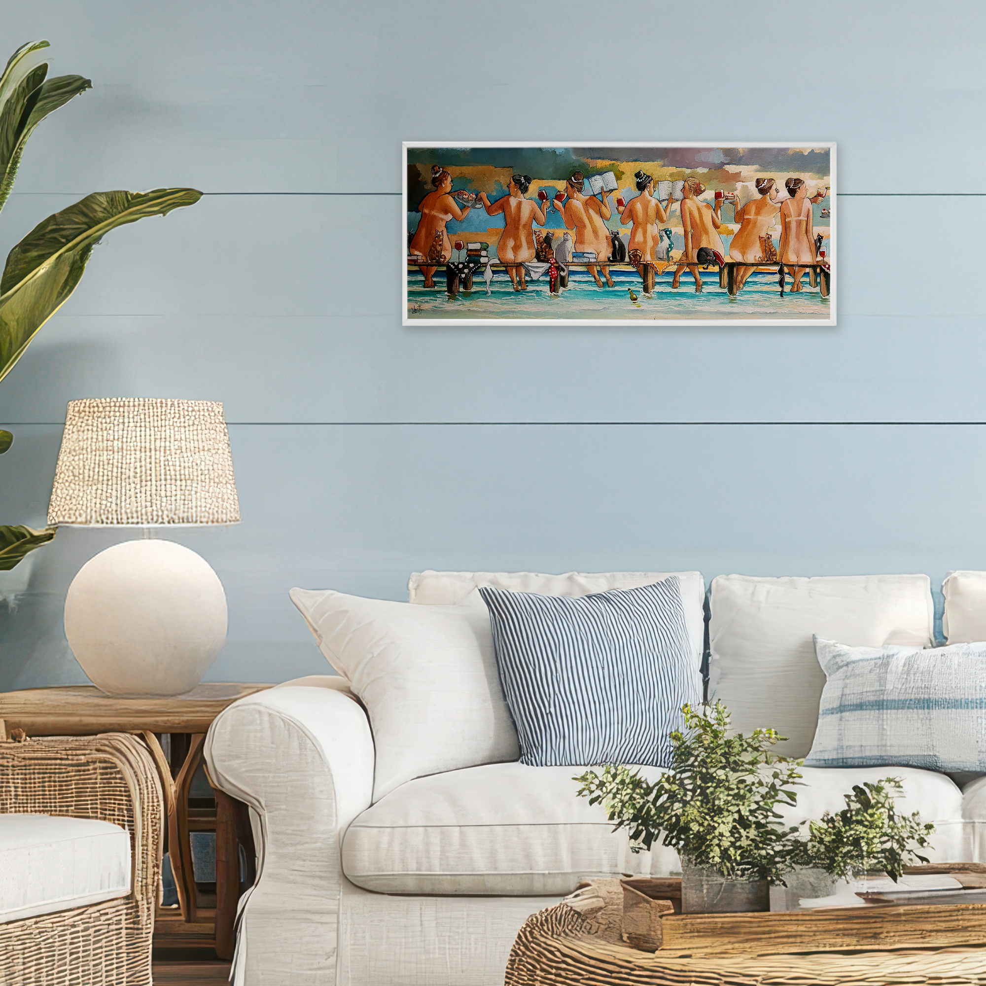 Wine, Books And Cats Jetty White Framed Giclee Art, design by Ronald West