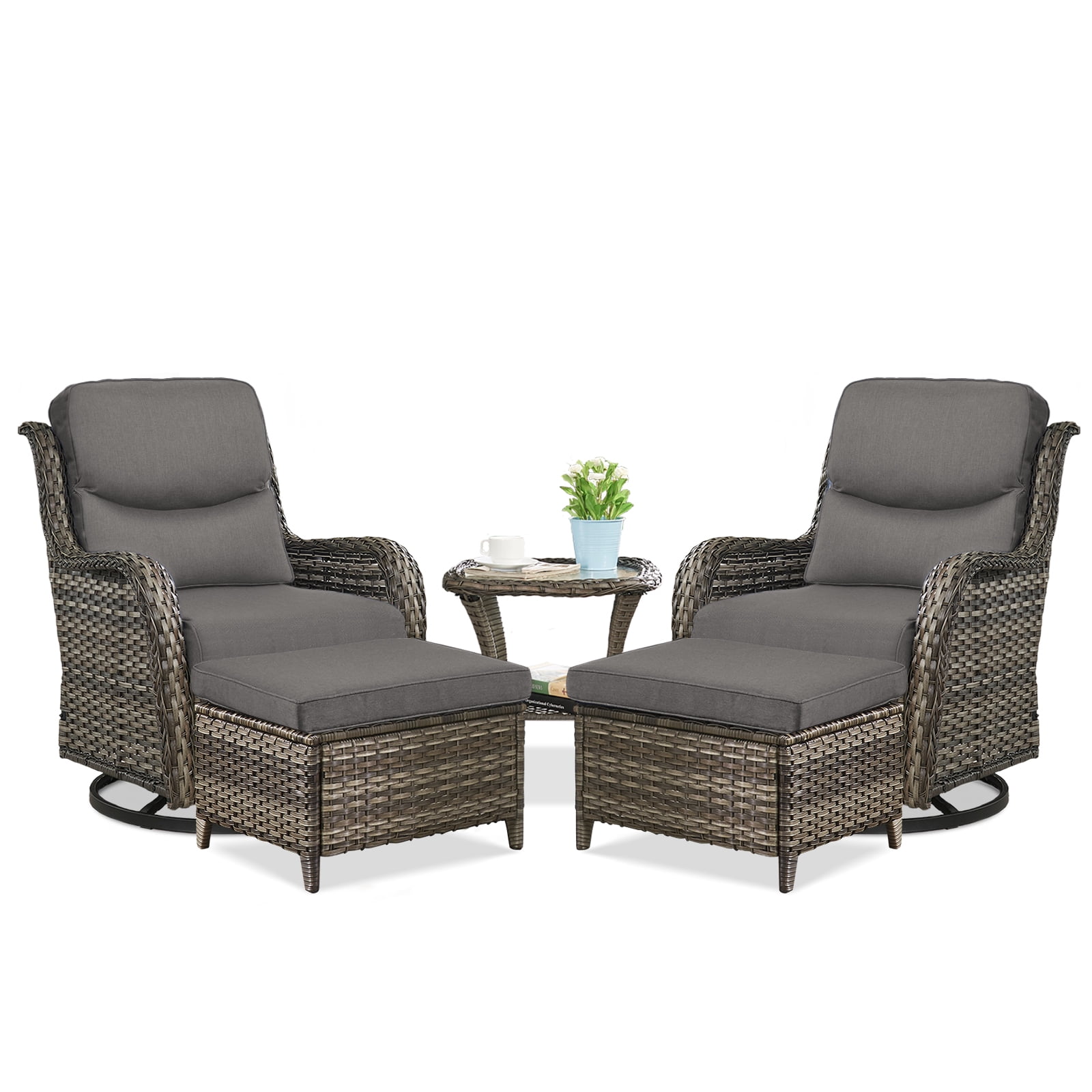 POCASSY 5 Pieces Patio Furniture Set with Swivel Chairs and Ottomans, High Back Deep Seat Cushioned Wicker Outdoor Conversation Set for Porch & Balcony, Gray Wicker/Beige Cushion