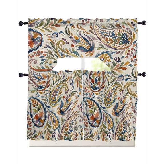 Paisley Flower Swag Curtains for Living Room/Bedroom Windows, Spring Watercolor Vintage Floral Leaf Plant Kitchen Curtains and Valances Set 36 Inch Length, Swags Valance Curtain Panels