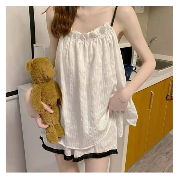 Summer Pajamas Set Ins Style Lightweight Cool Suspender Top Shorts Sleepwear for Home Dorm Room Travel