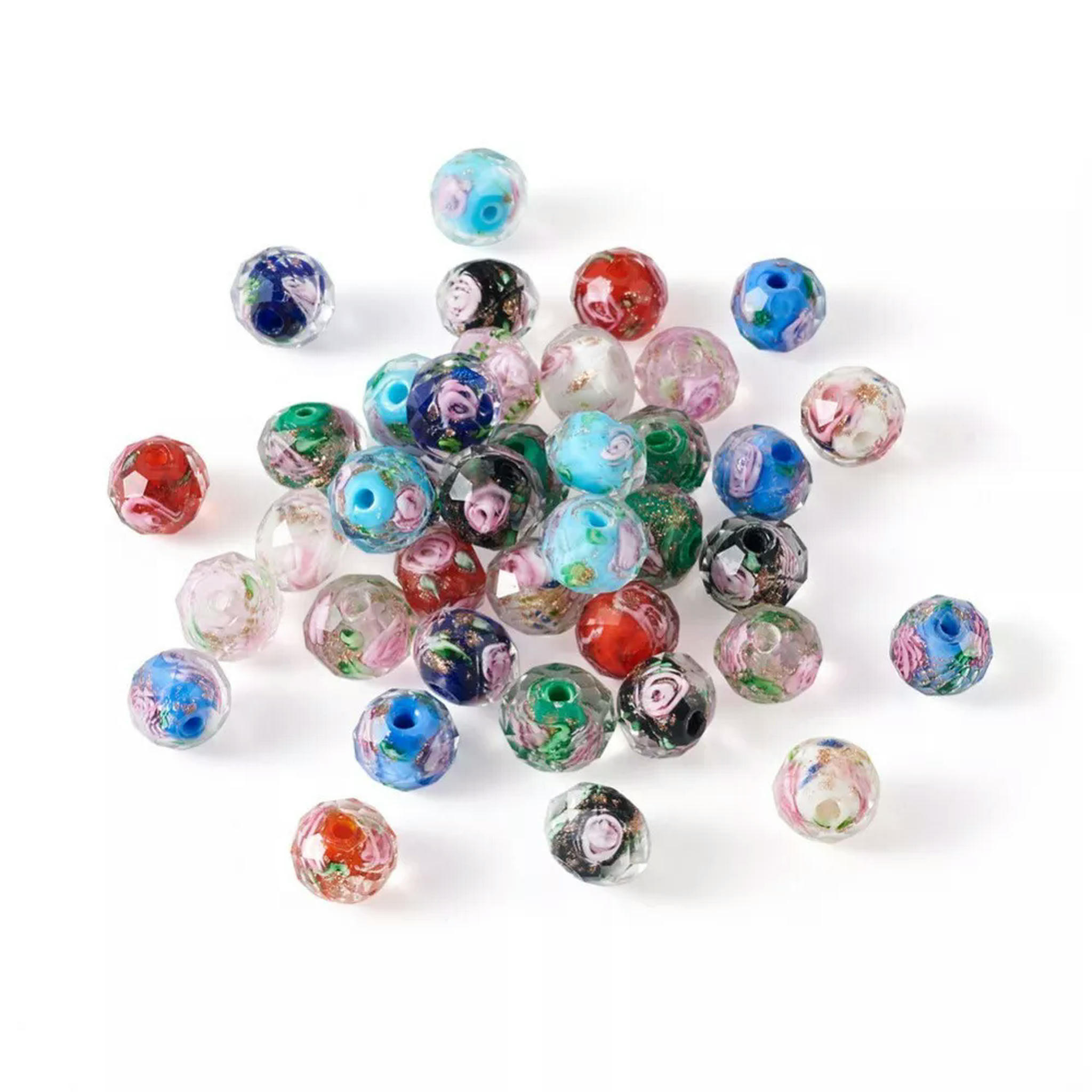 EOEMY 1 Box Inner Flower Faceted Rondelle Handmade Gold Sand Lampwork Beads 9~10X7~8mm