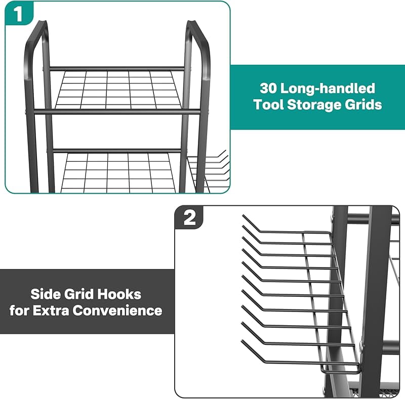 Garden Tool Organizer Stand, Garage Tool Storage Organization, Yard Tool Racks with lockable wheels, Fit for Long-Handled Tools/Rakes/Brooms