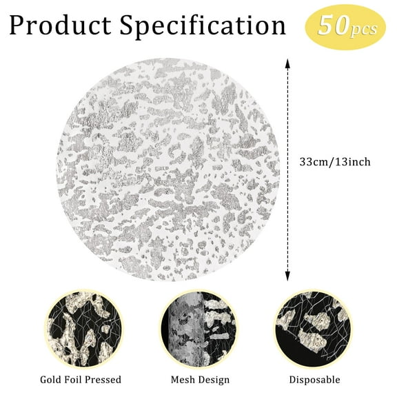 50 Pack Silver Disposable Round Placemats, 33cm 13 Inch Metallic Glitters Foil Thin Mesh Table Mats Pressed Foil Table Doilies Decor for Party Weddings Christmas Thanksgiving