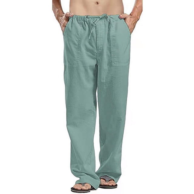 Pantalones casuales de lino para hombre, color sólido, rectos, ligeros, sueltos, elásticos, con cordón, para verano, playa, yoga 056-verde menta M 056-verde menta M Xishao ropa
