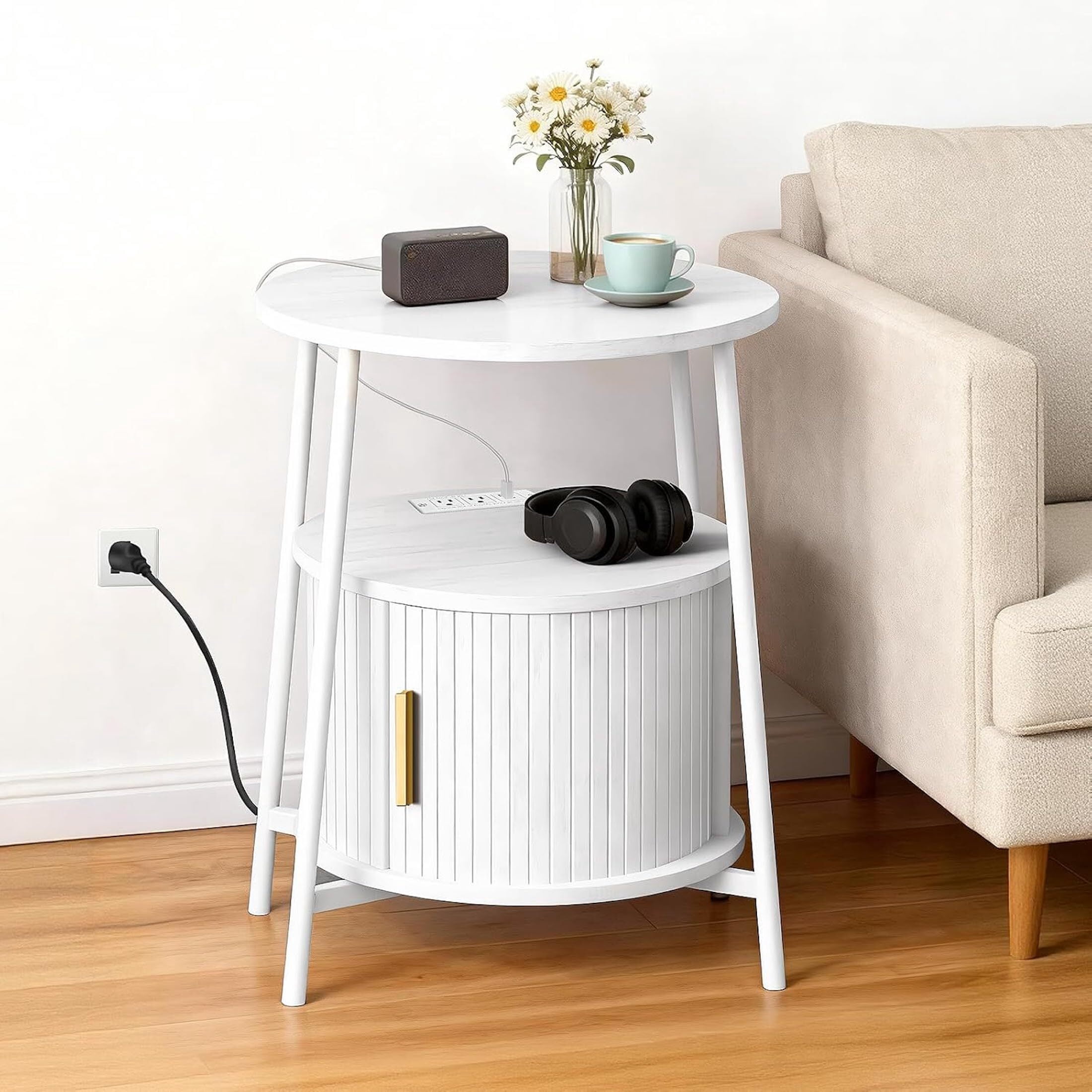 AISWORD Nightstand with Charging Station, Modern Round Bedside Table with Sliding Door Storage, White, 2 Pack