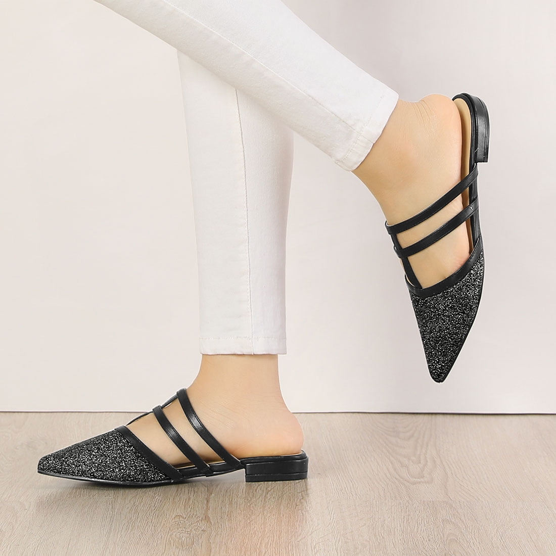 DARING DIVA Women's Glitter Pointed Toe Flats Mules Black 9