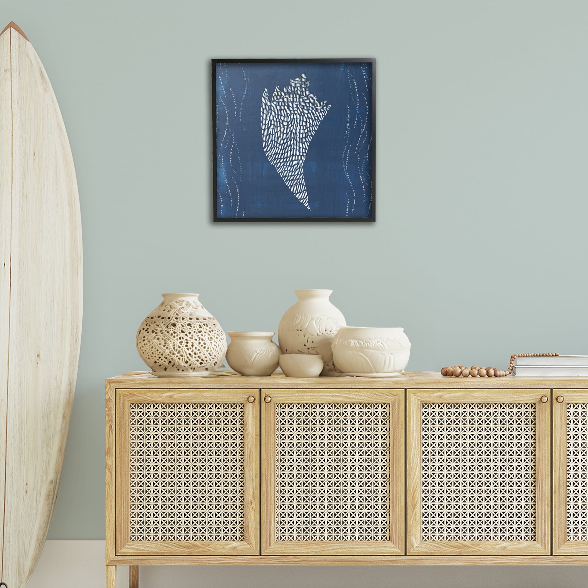 Stupell Industries Conch Shell on Blue Coastal Painting Black Framed Art Print Wall Art, 24 x 24