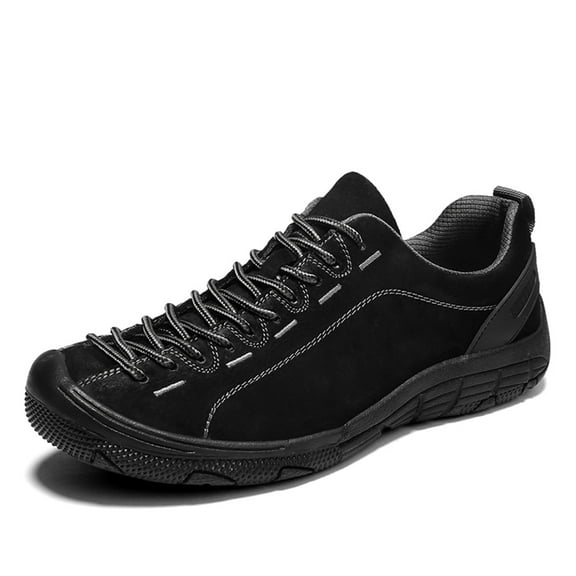 Men's Leather Casual Shoes Suede Non-Slip Lace Up Hiking Low Top Comfortable Anti-Collision Wear-Resistant Outdoor Sneakers Black 6.5 US