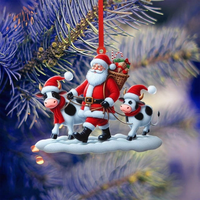 Xihbxyly Adorno para Árbol de Navidad, Diseño de Papá Noel Guiando Ganado, Impresión Acrílica de Doble Cara, Regalo Ideal para Amantes de Las Mascotas, Decoración Festiva, 1 Pieza con Cuerda.