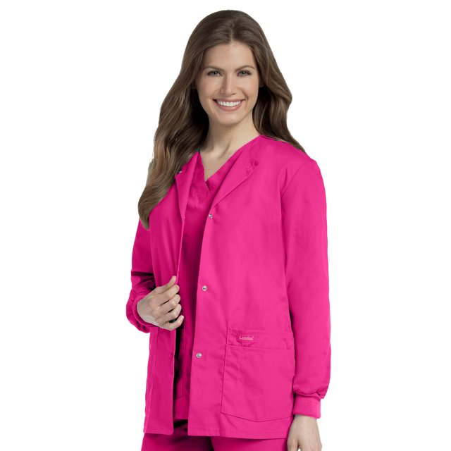 Landau Veste de Blouse Médicale pour Femmes à 4 Poches : Coupe Classique Décontractée, Col Rond, Boutons Pression devant et Poignets en Tricot 7525