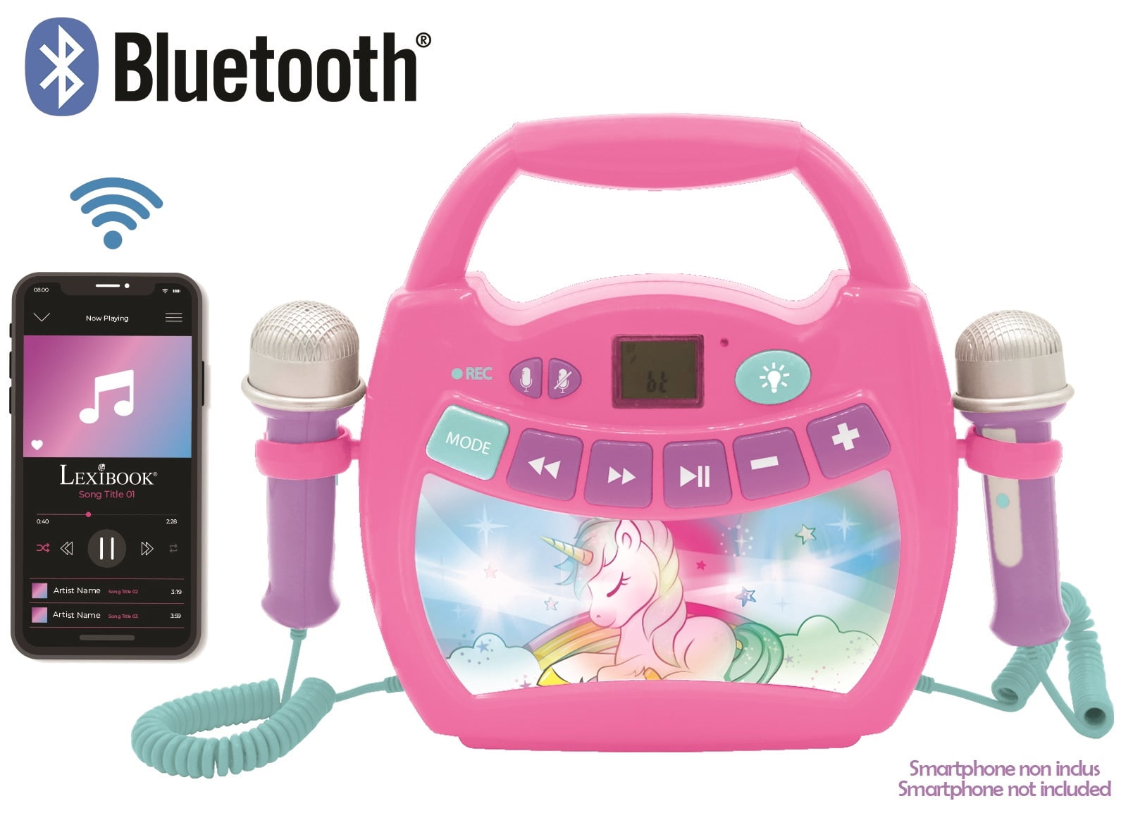 Lexibook Unicorn - Portable karaoke digital player for kids – Microphones, Light effects, Bluetooth, Record and voice changer functions, Rechargeable battery, Pink