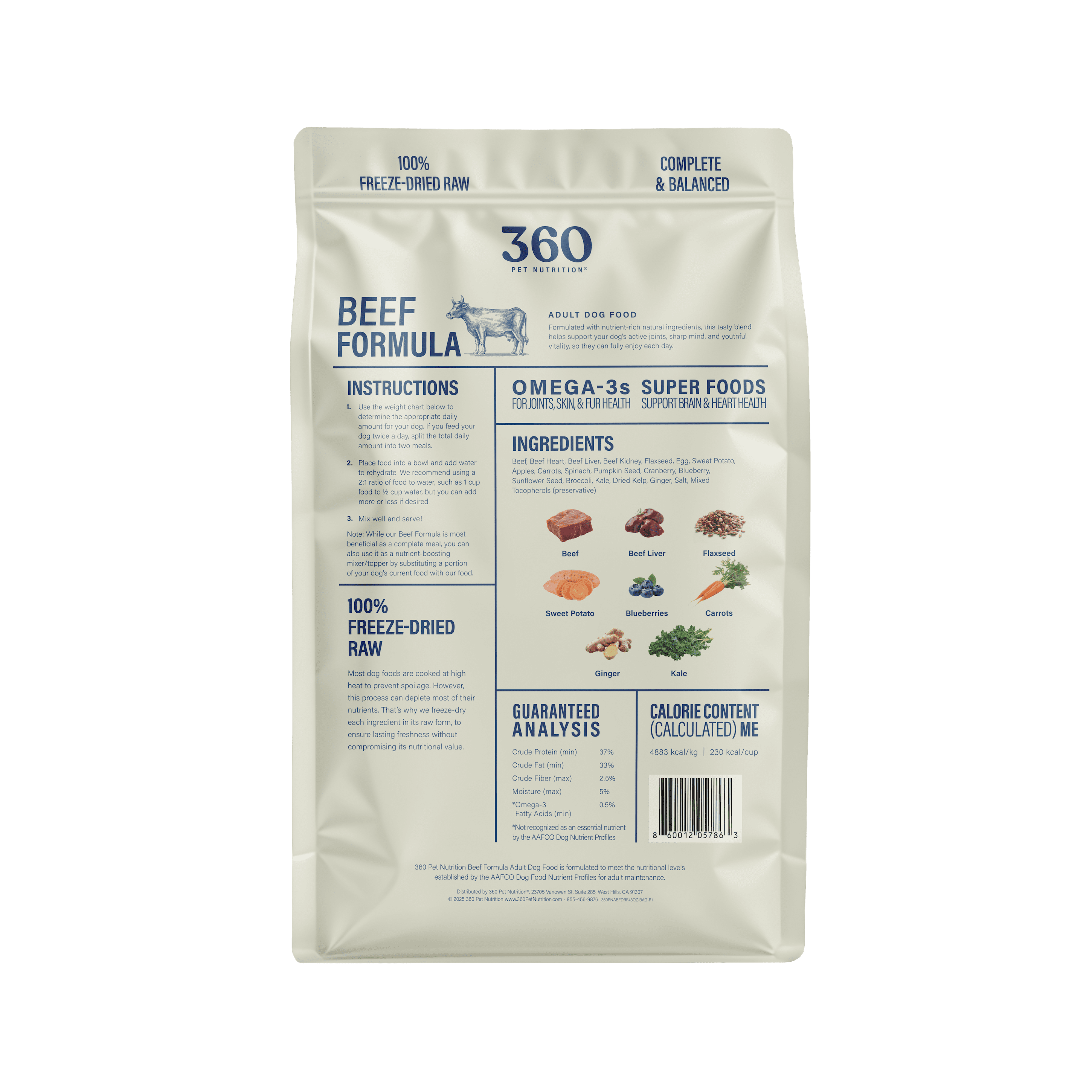 360 Pet Nutrition Beef Flavor Freeze Dried Dog Food, 48 oz. Bag