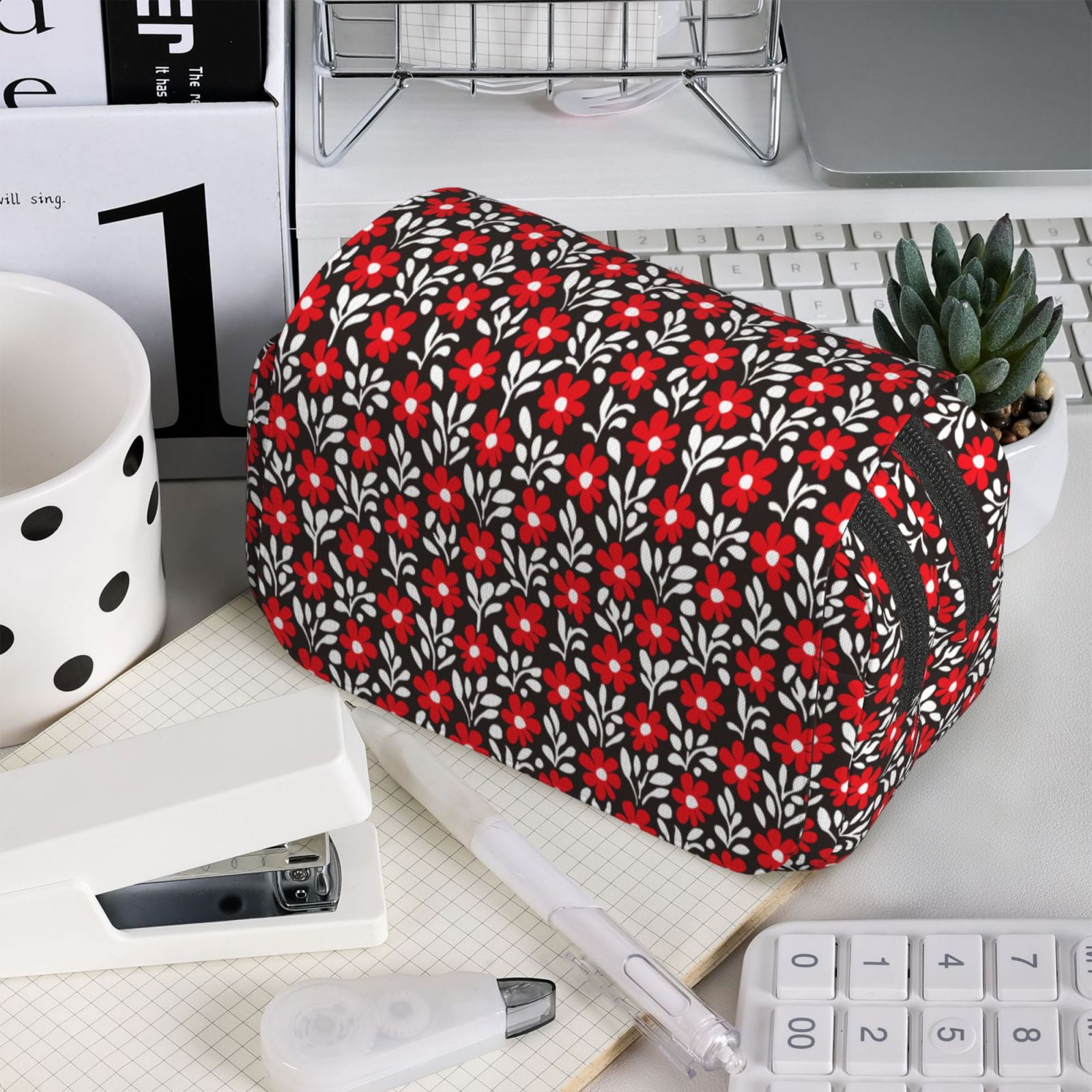 Rateoe Red Floral Pattern Double Clamshell Pen Case, Storage Organizer with Two Zipper Compartments– Holds Up to 50 Pencils & Pens