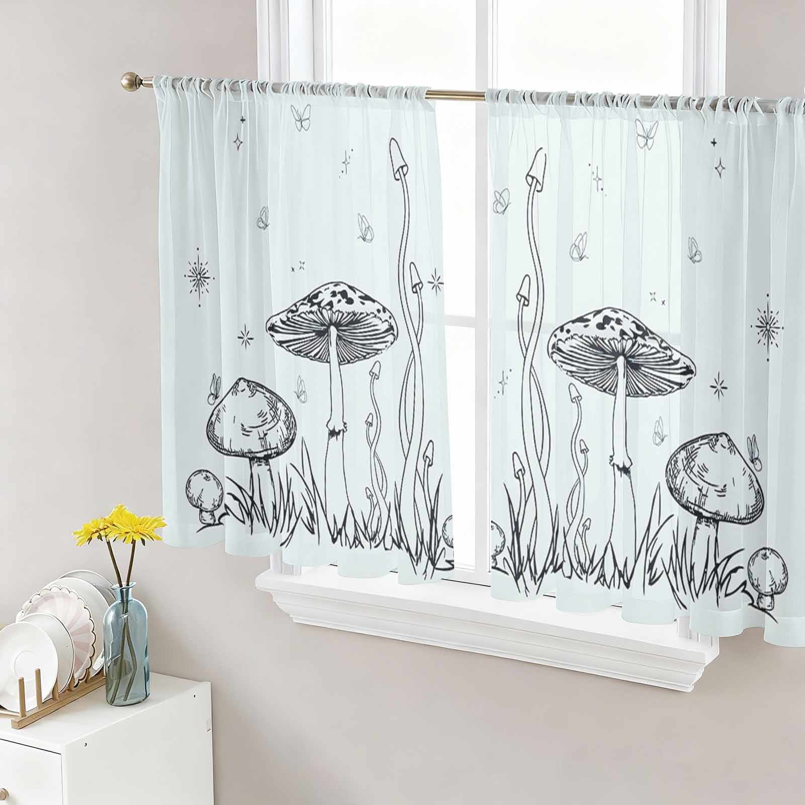 Mushroom Semi Sheer Curtains 45 Inch Length 2 Panels Set Black Lines Botanical Butterfly Spring Floral Sheer Kitchen Curtain Privacy Voile Window Curtain for Living Room Bedroom Rod Pocket Drapes