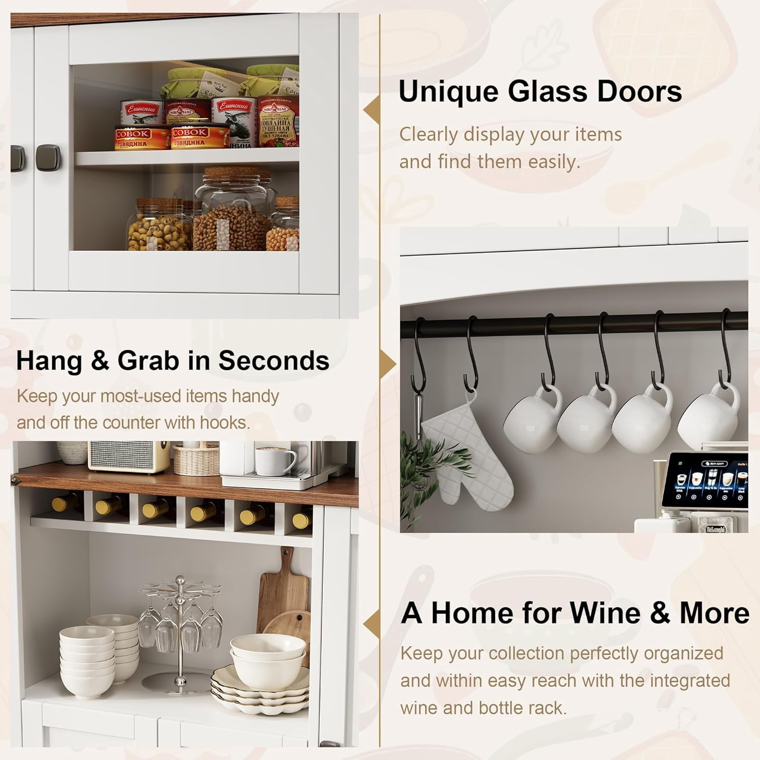 Einhomn 71" Tall Kitchen Pantry Cabinet with Charge Station, 3 Adjustable Shelves, Wine Rack and Glass Door,White