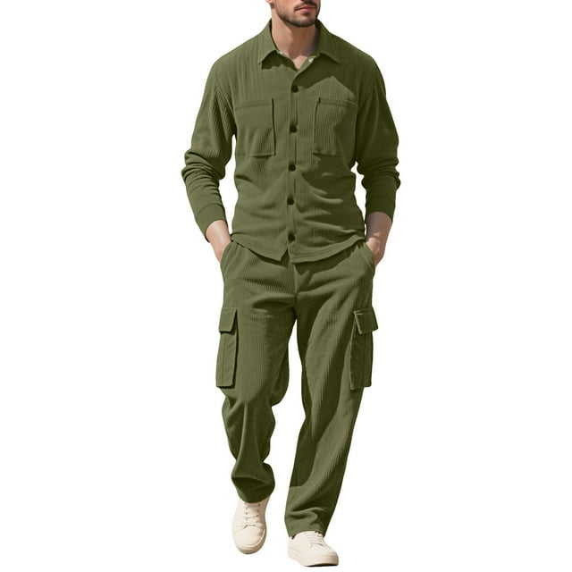 Erwazi Men's Corduroy Cargo Shacket Tracksuit Set 2 Pieces Lapel Long Sleeve Button Down Jacket and Cargo Pants Set