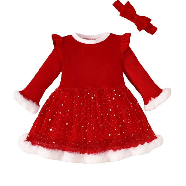 FAIWAD Robe de Noël pour Filles en Velours Rouge à Volants, Manches Longues, Robe de Princesse et Bandeau, Tenues de Noël en Tulle Peluche