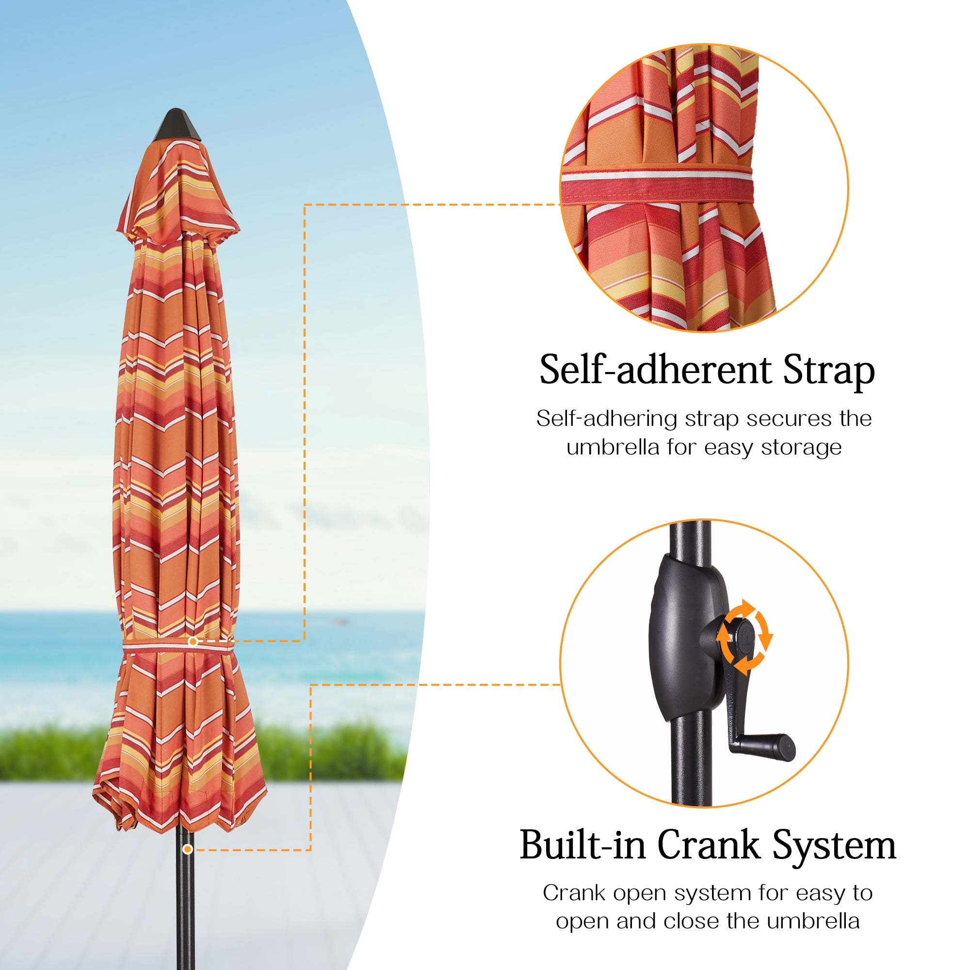 Iwicker 9Ft Patio Umbrella Sunbrella Outdoor Aluminum Market Umbrella with Crank and Push Button Tilt, Orange Stripe