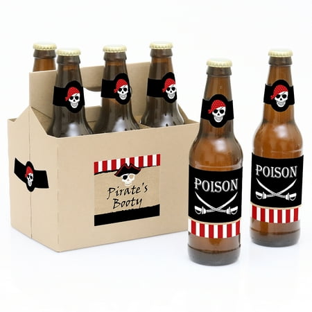 Beware of Pirates - Pirate Birthday Party Decorations for Women and Men - 6 Beer Bottle Label Stickers and 1 Carrier
