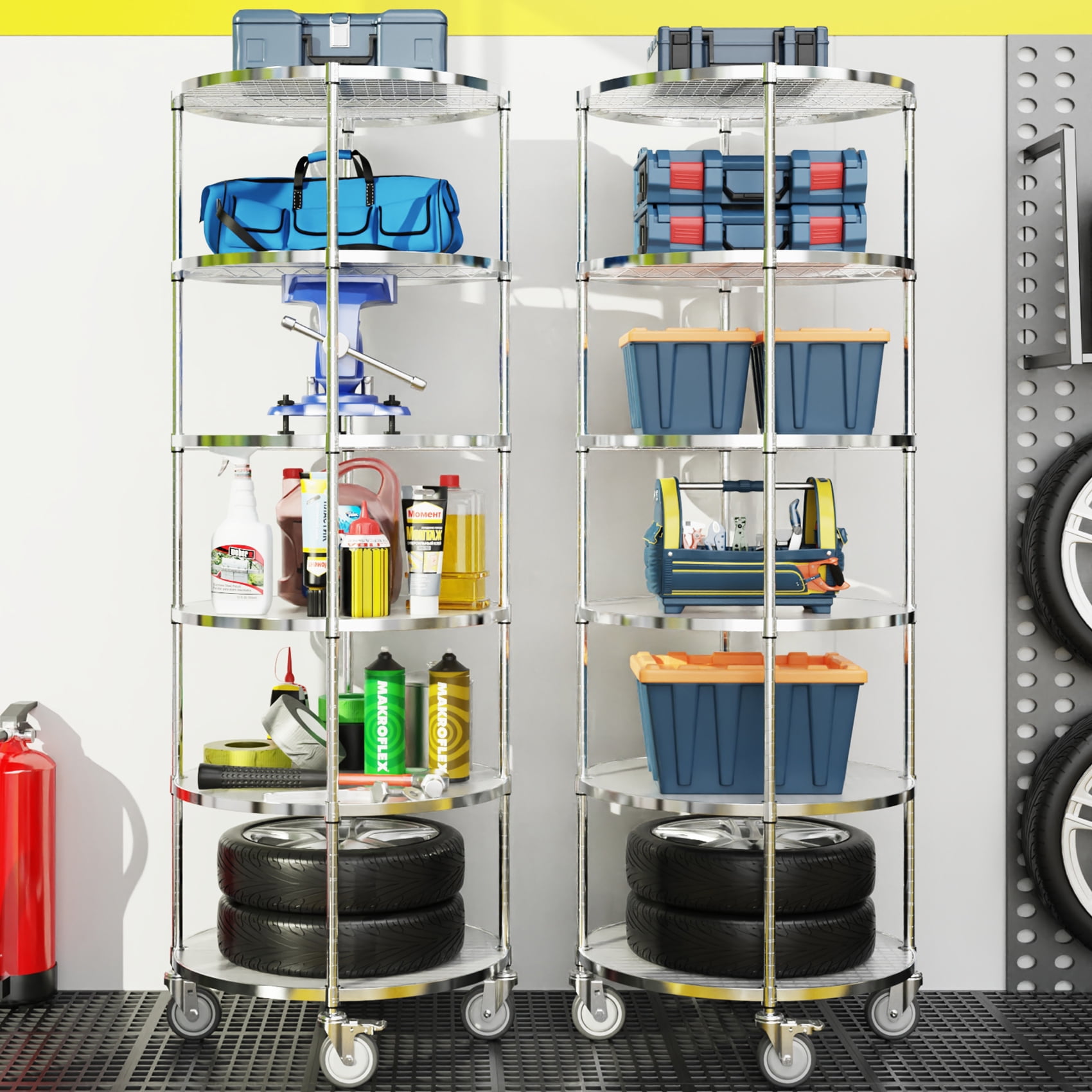 Miniyam 6-Tier Round Wire Shelving Unit with Wheels, Heavy-Duty Adjustable Storage Rack with Leveling feet, Chrome