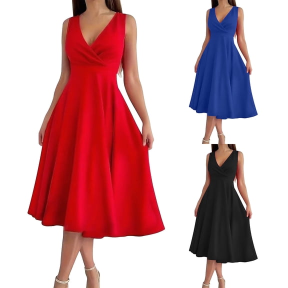 Ashirexll Womens Summer Dresses, Casual Dresses for Women, Solid Color Sleeveless V-Neck Fashion Casual Evening Dress