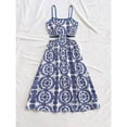 thumbnail image 5 of Womens Blue And White Floral Print Sleeveless Midi Dress With Side Cutouts And Tie Waist, Vacation Style Summer Dress, 5 of 8