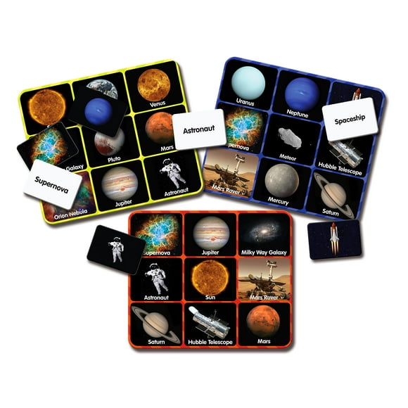 The Learning Journey: Match It! Bingo - Espace - Jeu de Lecture pour Préscolaire et Maternelle 36 Cartes de Mots, Multi