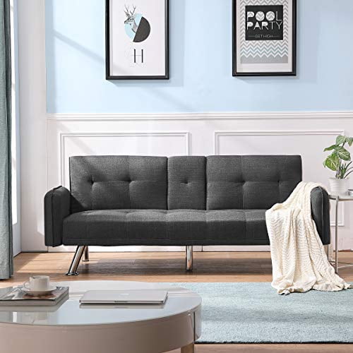 Modern Sofa Sleeper Design for Living Room or Bedroom Dark Grey Including Metal Legs and Linen Upholstery Sofabed Merax Futon Bed Couch