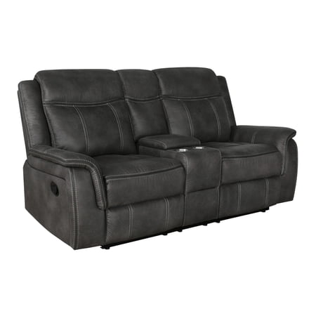 Tom 74 Inch Tufted Motion Loveseat, Center Console, Gray Vegan Faux Leather