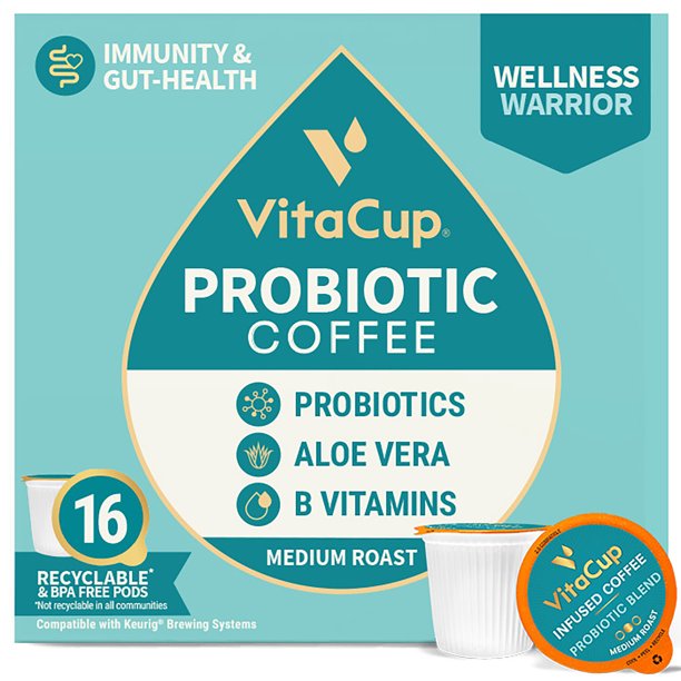 VitaCup Probiotic Coffee Pods 16ct Gut Health w/ Aloe Vera, Vitamins