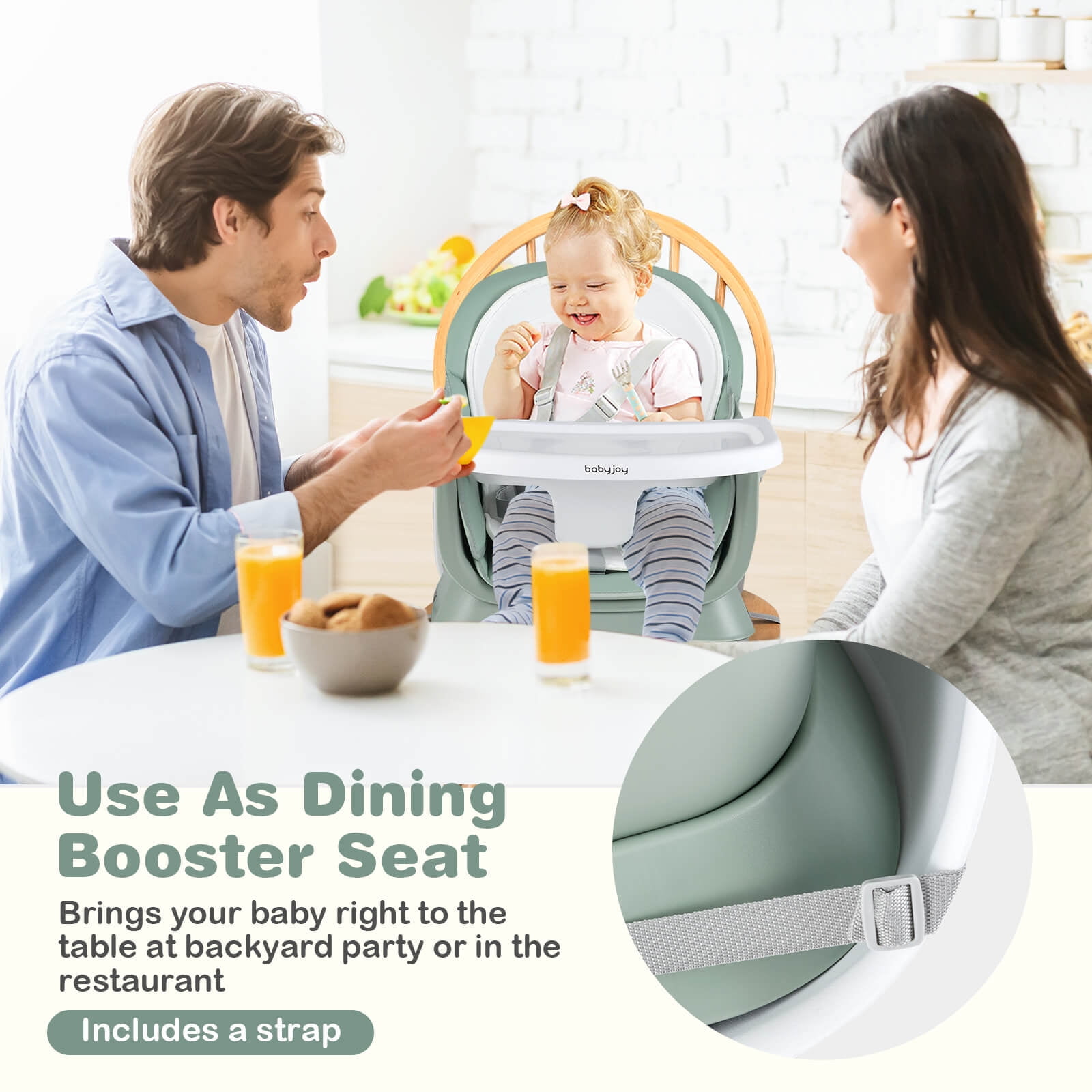 Babyjoy 8-in-1 Baby High Chair with  Double-layer Cushions Multifunctional Toddler Green