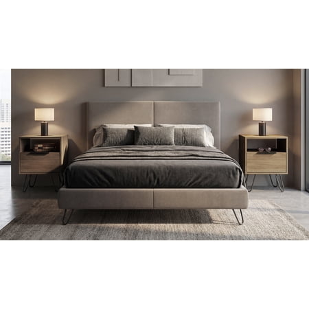 Nightstand Set of 2 Modern Bedside Tables with Storage Drawer and Open Shelf Particle Board and Metal Legs Light Oak Beige Finish for Contemporary Bedroom or Small Spaces