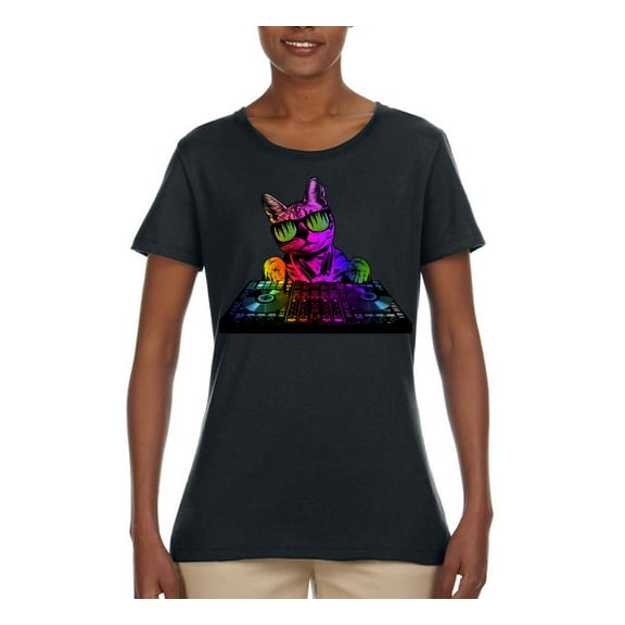 Neon Retro Rainbow DJ MC Hip Hop Cat | Womens Cat Lover Graphic T-Shirt, Black, Small