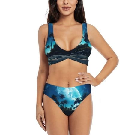 Zeuib Hawaiian Beach Pirate Moon High Waisted Tummy Control Bikini Set - Knot Front Push Up Top & Cheeky Thong Bottom  Two-Piece Swimsuit for Women-XX-Large